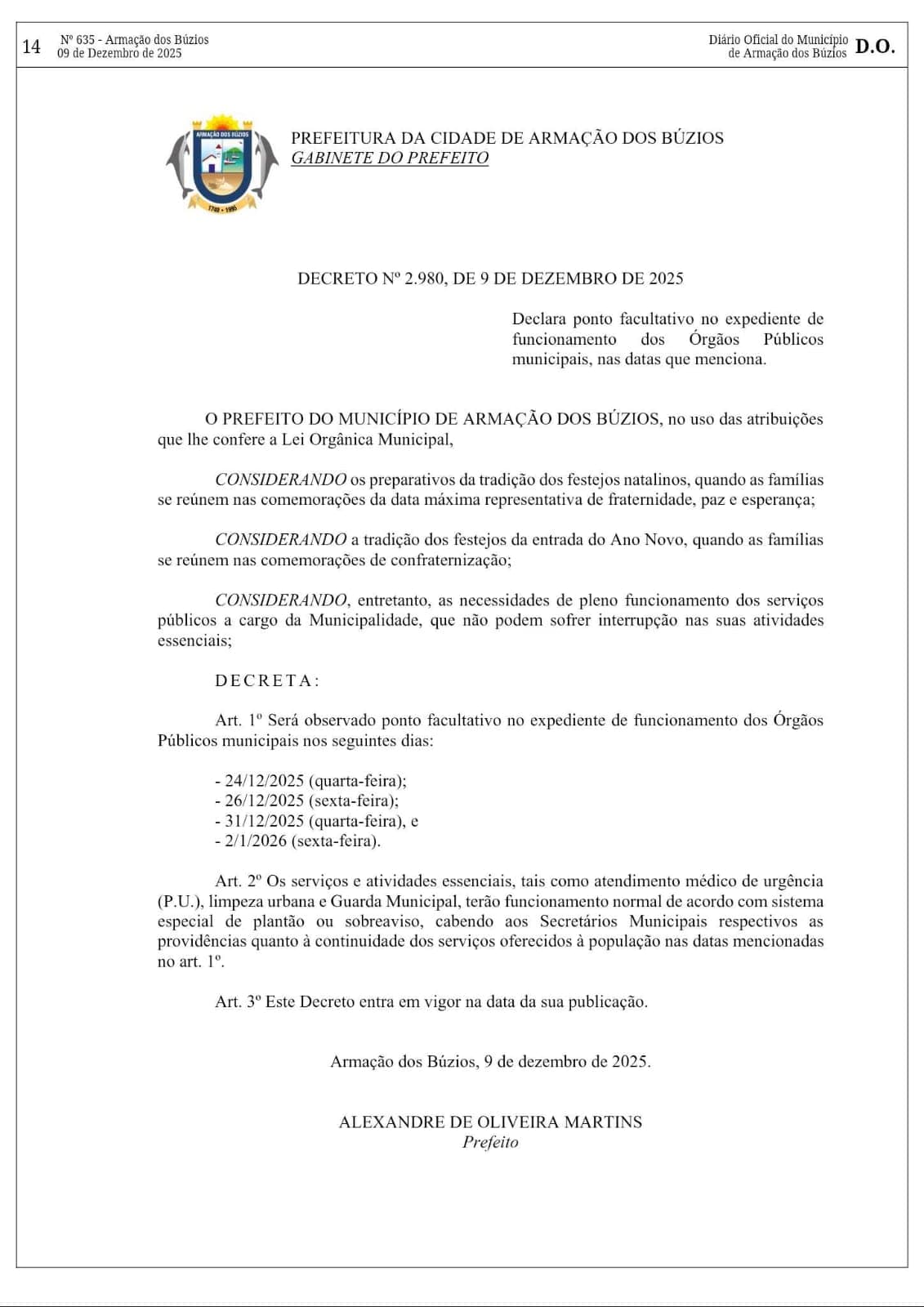 Decreto Estabelecendo Ponto Facultativo